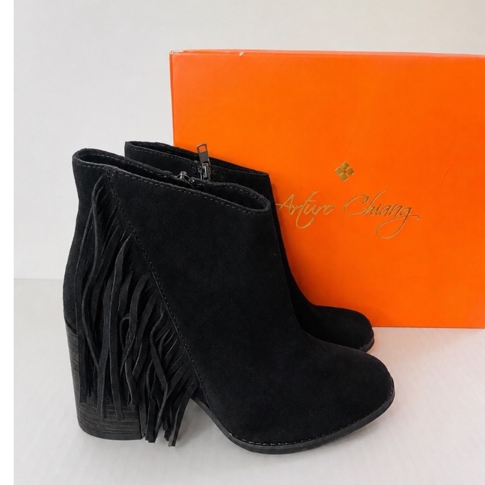 Arturo Chiang Womens AT-REIDEN Black Suede Fringe Ankle Boots Size 7.5M